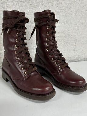 Vintage 90's CHANEL CC Logo COMBAT Biker Moto Brown Lace Up Leather Boots  37.5
